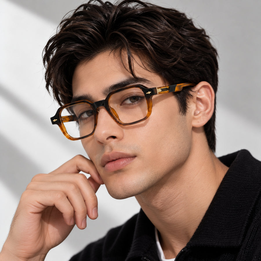 Model wearing VERLIN 6231 Amber Tortoise geometric eyeglasses