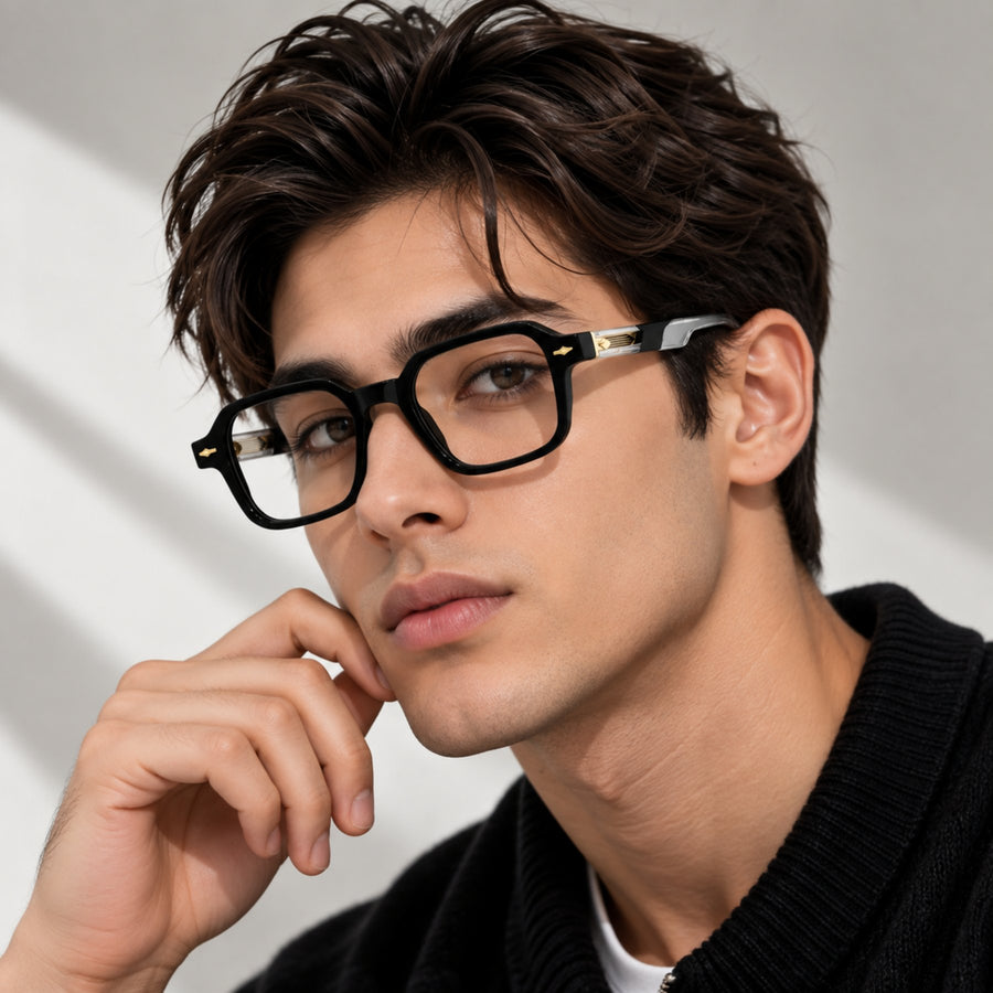 Model wearing VERLIN 6231 Black geometric eyeglasses