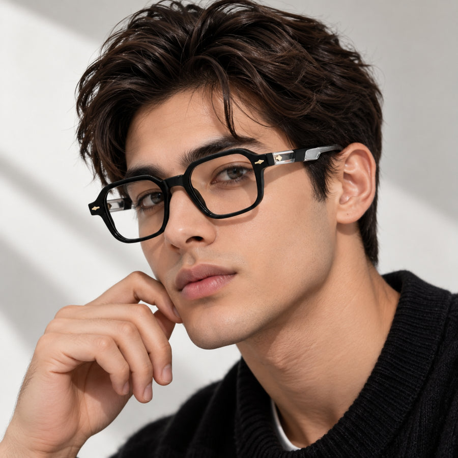 Model wearing VERLIN 6231 Black Silver geometric eyeglasses