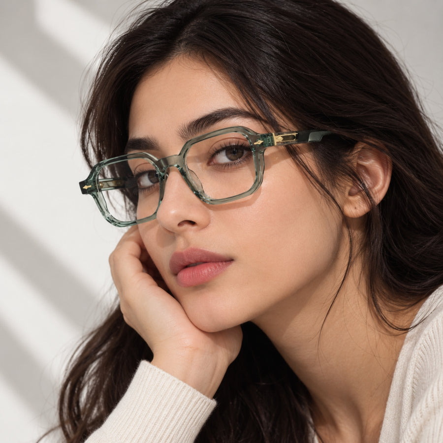 Model wearing VERLIN 6231 Sage Green geometric eyeglasses