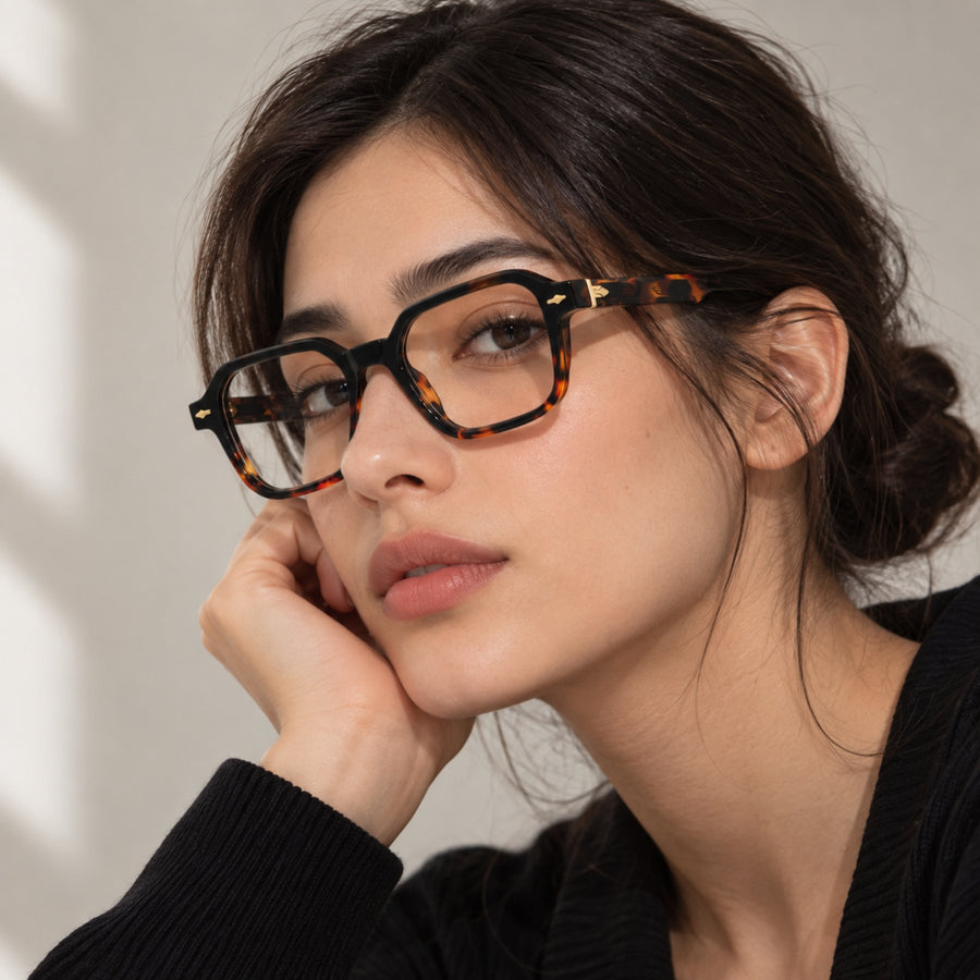 Model wearing VERLIN 6231 Tortoise geometric eyeglasses