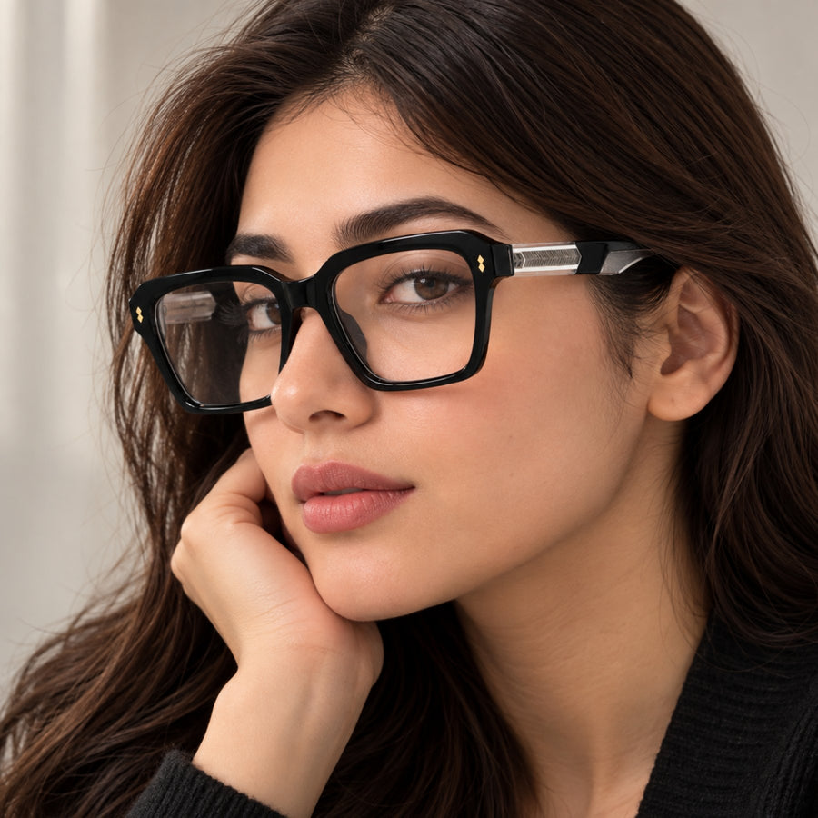 Woman wearing VERLIN 6233 Black bold square eyeglasses
