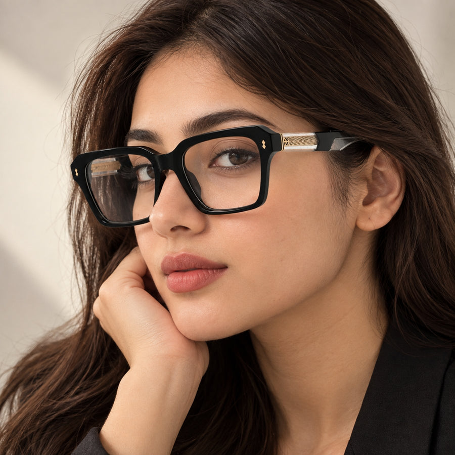 Woman wearing VERLIN 6233 Black Silver bold square eyeglasses