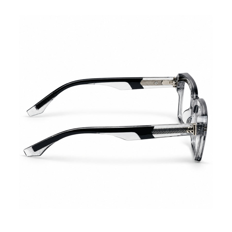VERLIN 6233 Grey Crystal bold square frame, temple and hinge detail