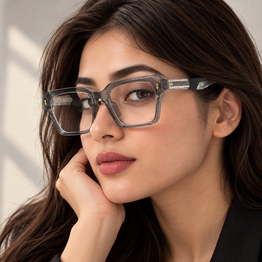 Woman wearing VERLIN 6233 Grey Crystal bold square eyeglasses