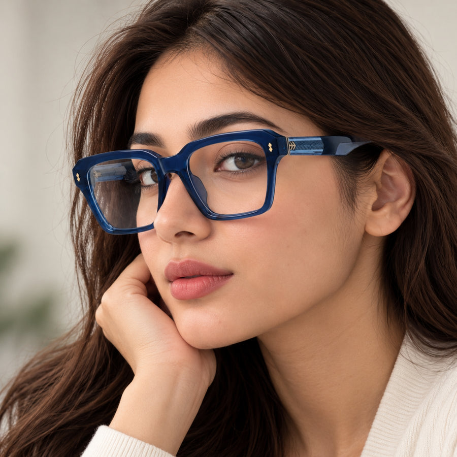 Woman wearing VERLIN 6233 Navy Blue bold square eyeglasses