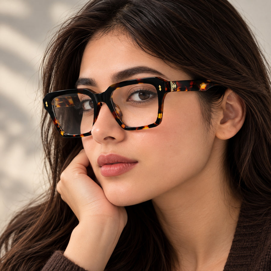 Woman wearing VERLIN 6233 Tortoise bold square eyeglasses