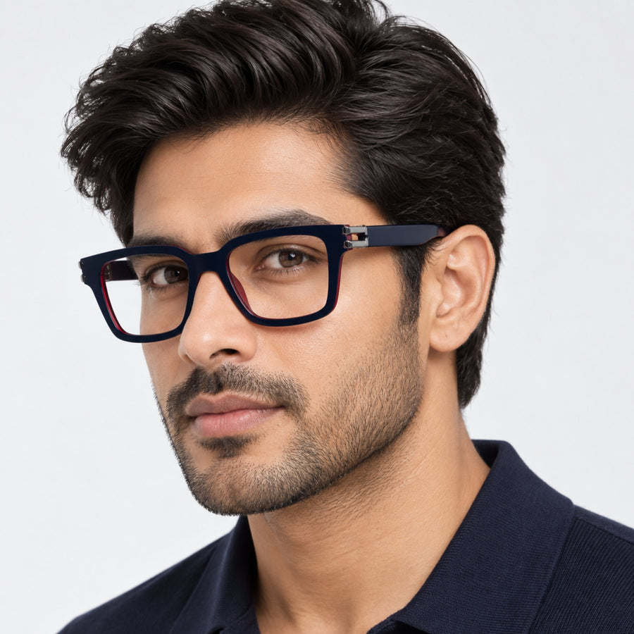 Model wearing 82102 VERLIN Square Computer Glasses in Black Red
