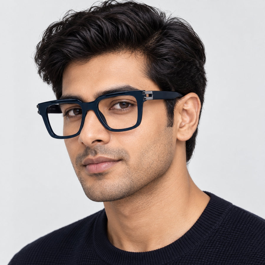 Model wearing 82102 VERLIN Square Computer Glasses in Midnight Blue