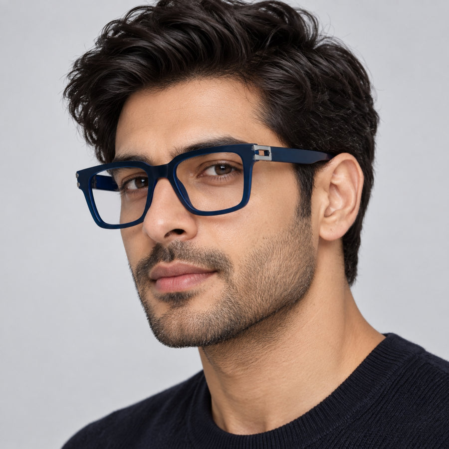 Model wearing 82102 VERLIN Square Computer Glasses in Navy Blue