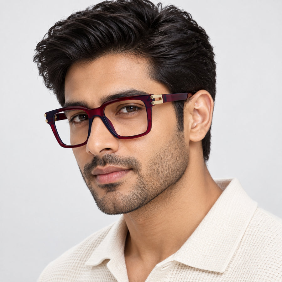 Model wearing 82102 VERLIN Square Computer Glasses in Wine Red