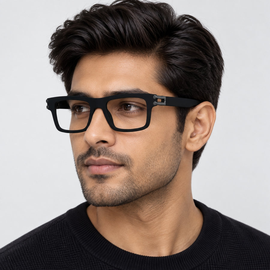 Model wearing 82103 VERLIN Flat-Top Rectangle Computer Glasses in Matte Black