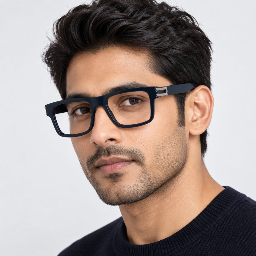 Model wearing 82103 VERLIN Flat-Top Rectangle Computer Glasses in Midnight Blue