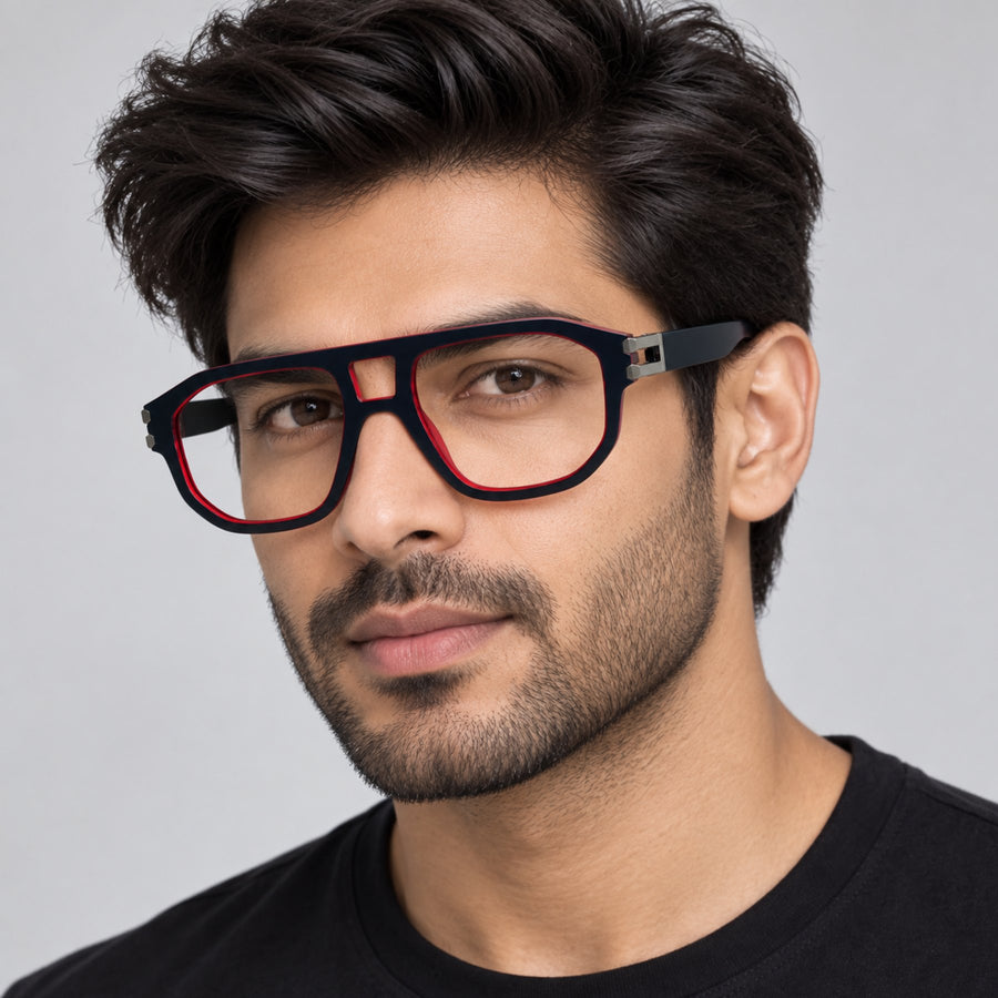 Model wearing 82104 VERLIN Navigator Computer Glasses in Black Red