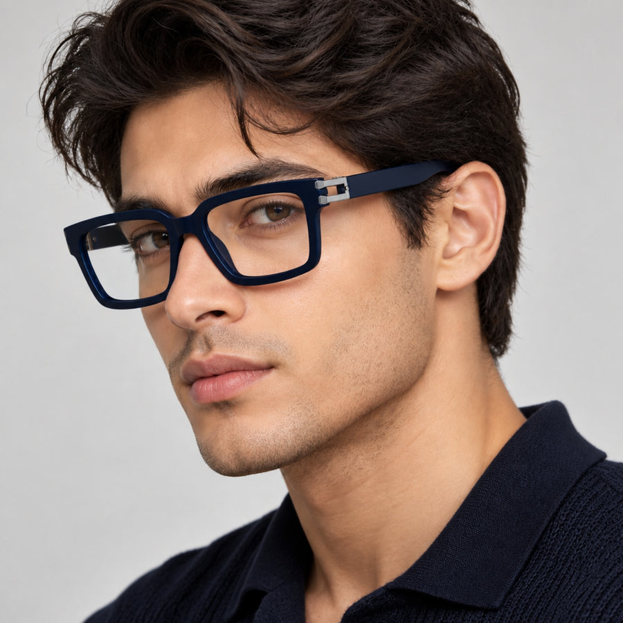 Model wearing 82106 VERLIN Square Computer Glasses in Navy Blue