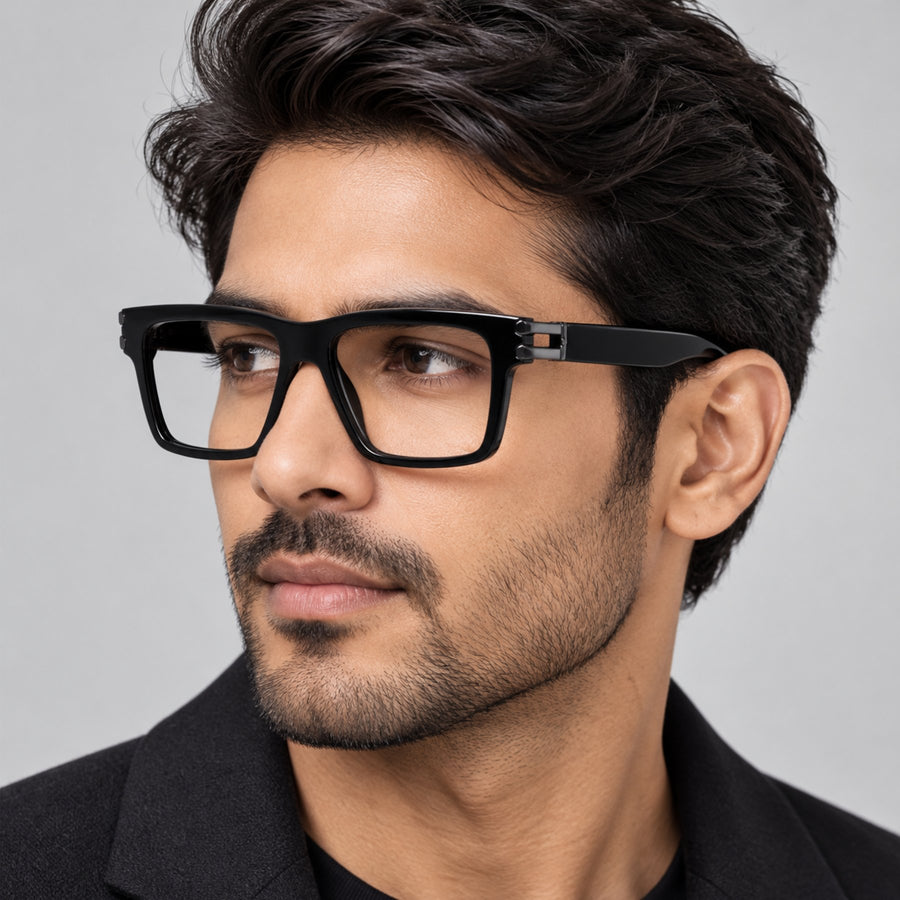 Model wearing 82107 VERLIN Flat-Top Square Computer Glasses in Black