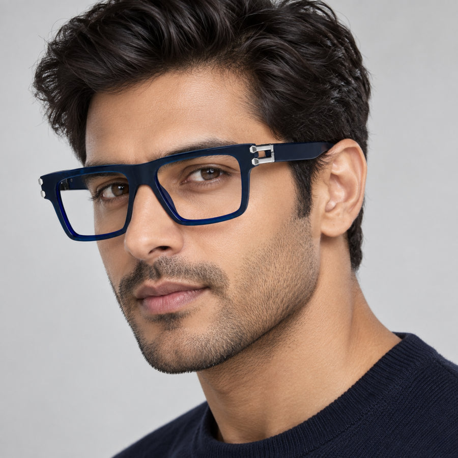 Model wearing 82107 VERLIN Flat-Top Square Computer Glasses in Navy Blue