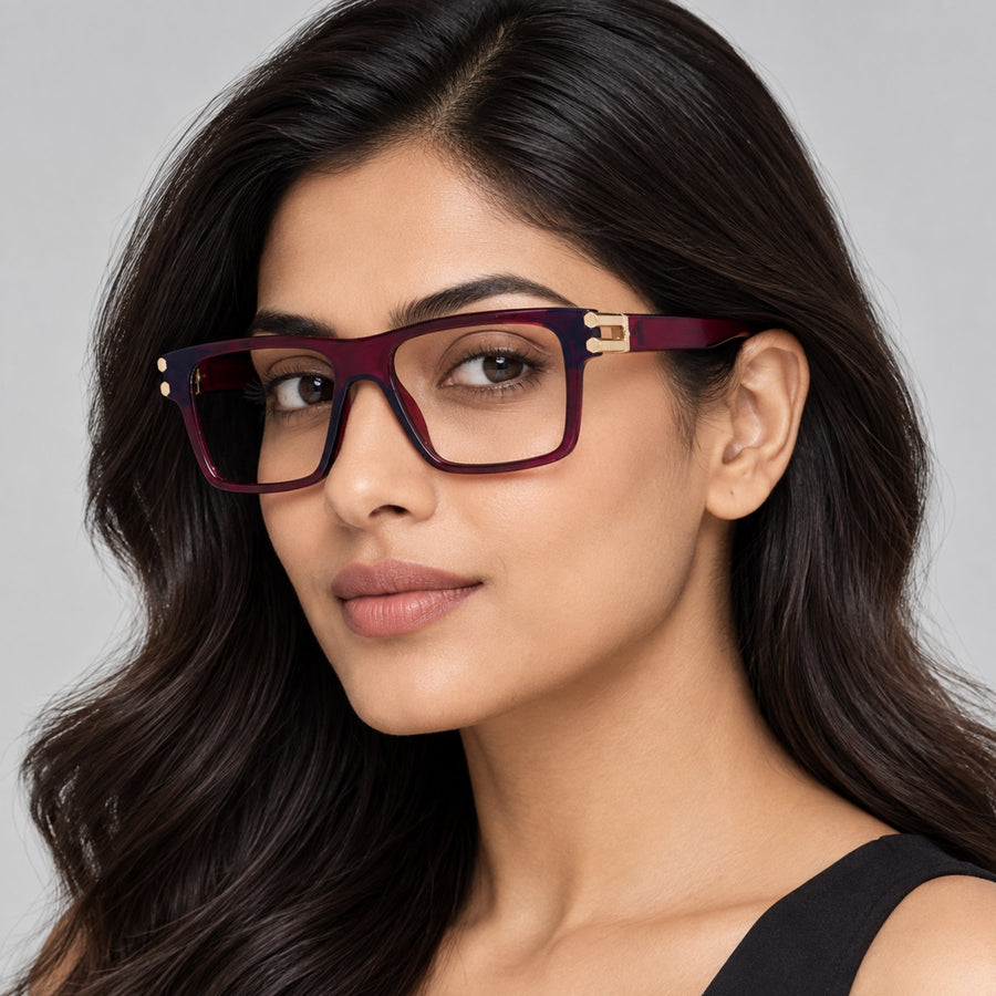 Model wearing 82107 VERLIN Flat-Top Square Computer Glasses in Wine Red