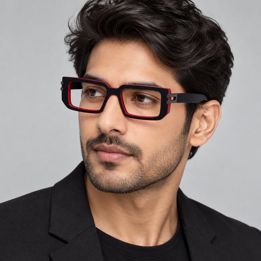 Model wearing 82108 VERLIN Rectangle Computer Glasses in Black Red