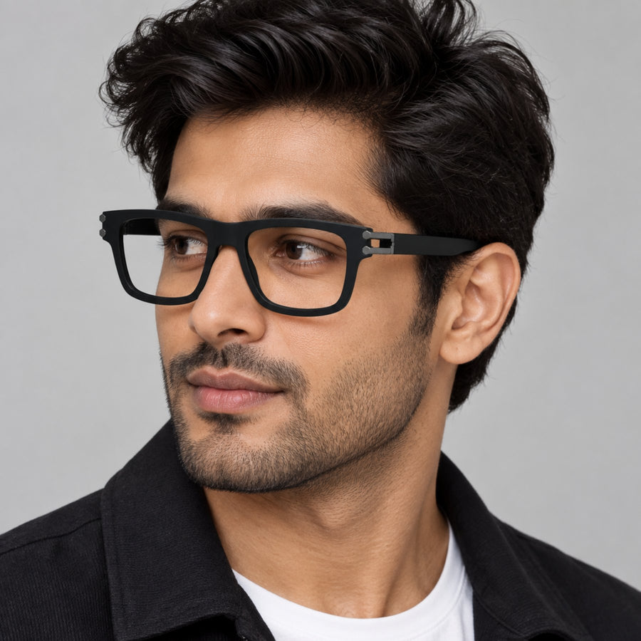 Model wearing 82109 VERLIN Rectangle Computer Glasses in Matte Black