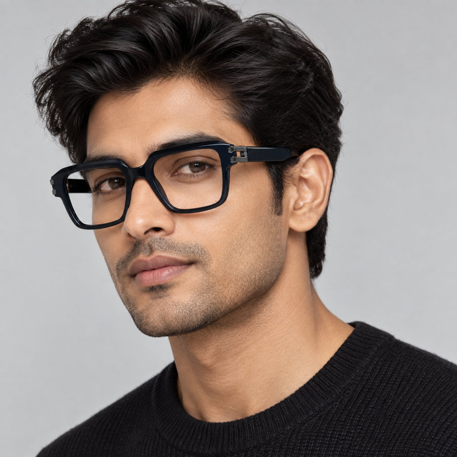 Model wearing 82110 VERLIN Square Computer Glasses in Midnight Blue