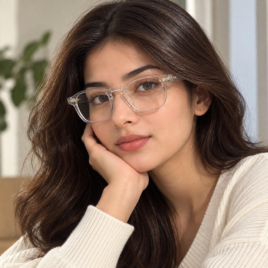 Model wearing 86307 VERLIN Square Optical Frame in Clear Crystal