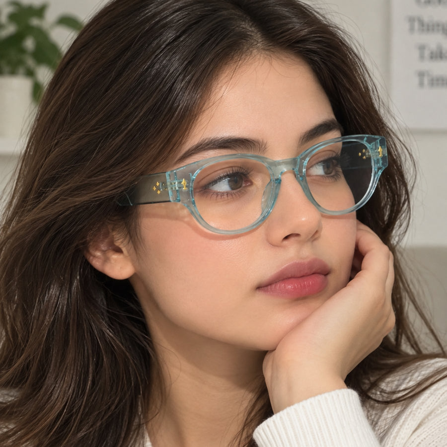 Model wearing 86309 VERLIN Oval Optical Frame in Sky Blue