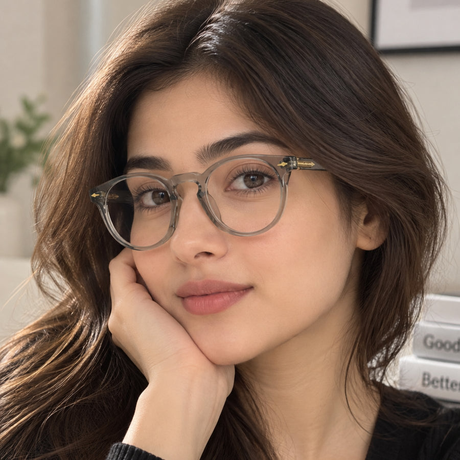 Model wearing 86310 VERLIN Round Optical Frame in Grey Crystal