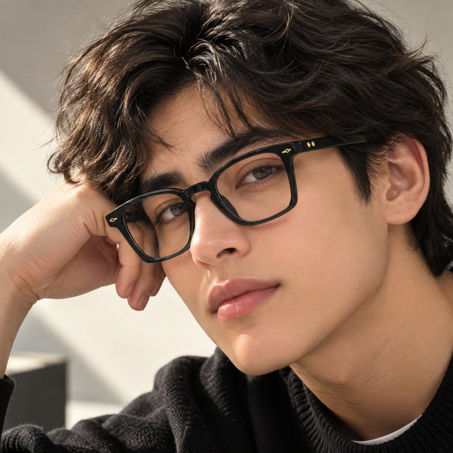 Model wearing 86312 VERLIN Square Optical Frame in Black