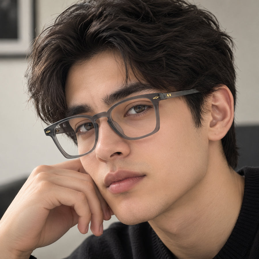 Model wearing 86312 VERLIN Square Optical Frame in Grey Crystal
