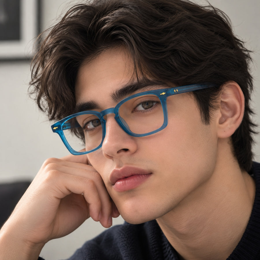 Model wearing 86312 VERLIN Square Optical Frame in Teal