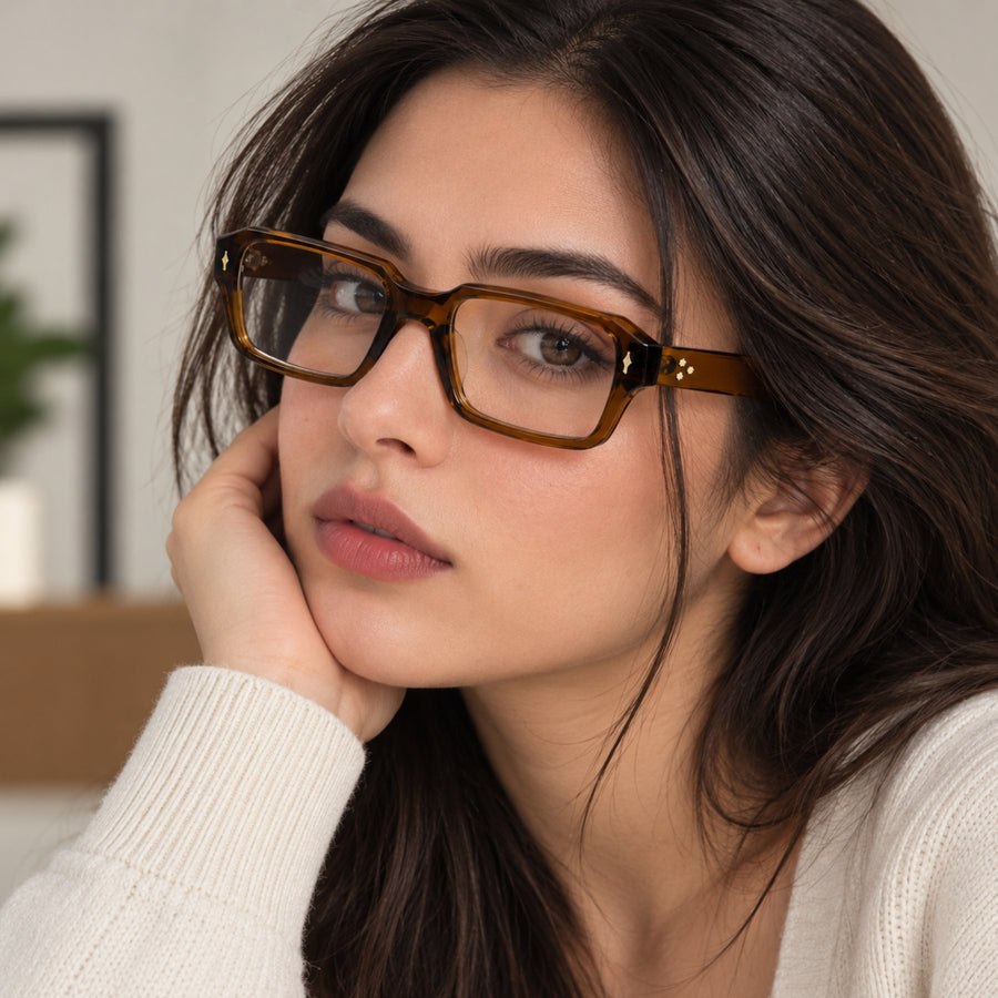 Model wearing 86319 VERLIN Rectangle Optical Frame in Amber Tortoise