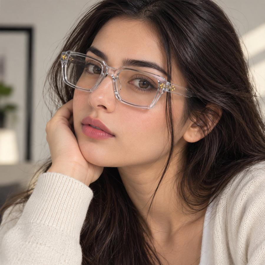 Model wearing 86319 VERLIN Rectangle Optical Frame in Clear Crystal