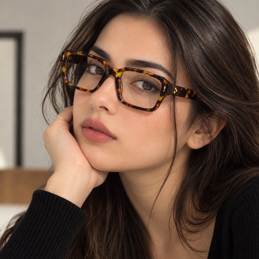 Model wearing 86319 VERLIN Rectangle Optical Frame in Tortoise