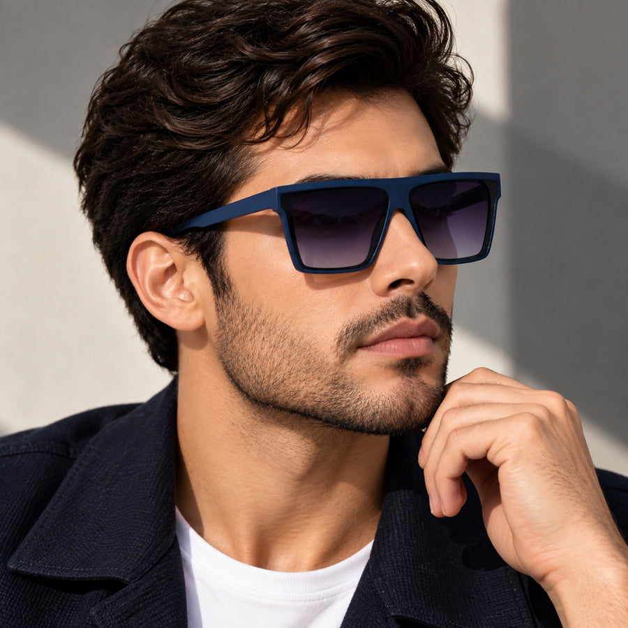 Model wearing Boris VERLIN Flat Top Sunglasses in Navy Blue