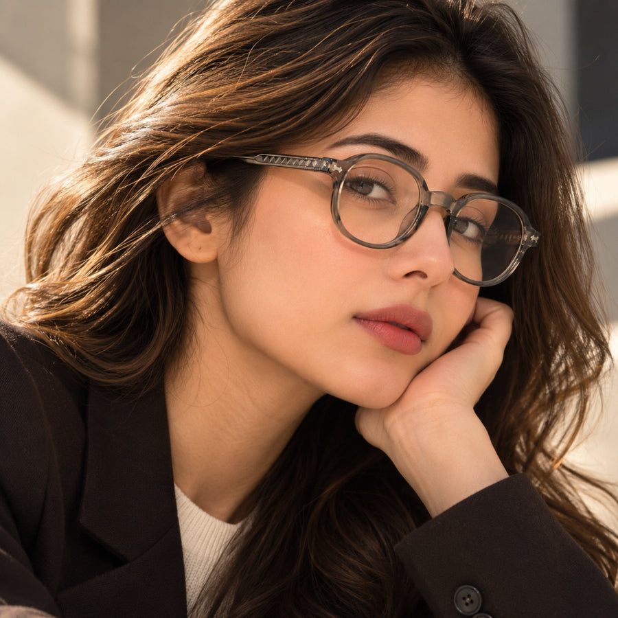 Model wearing LBD-010 VERLIN Octagon Optical Frame in Grey Crystal
