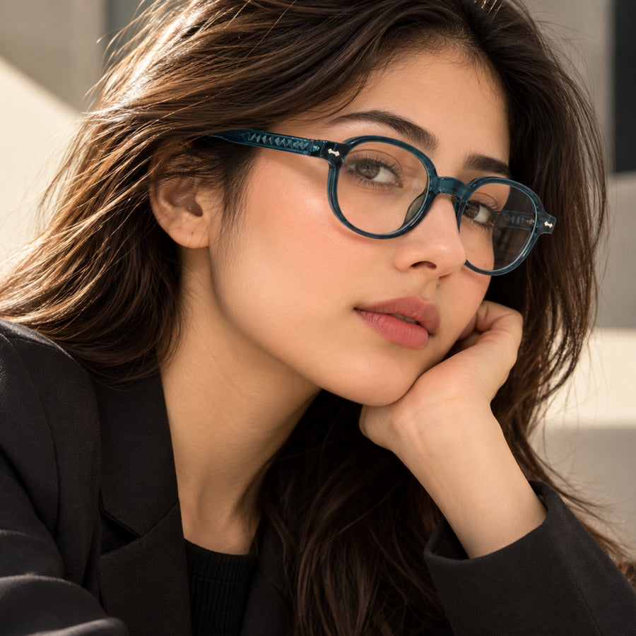 Model wearing LBD-010 VERLIN Octagon Optical Frame in Navy Blue