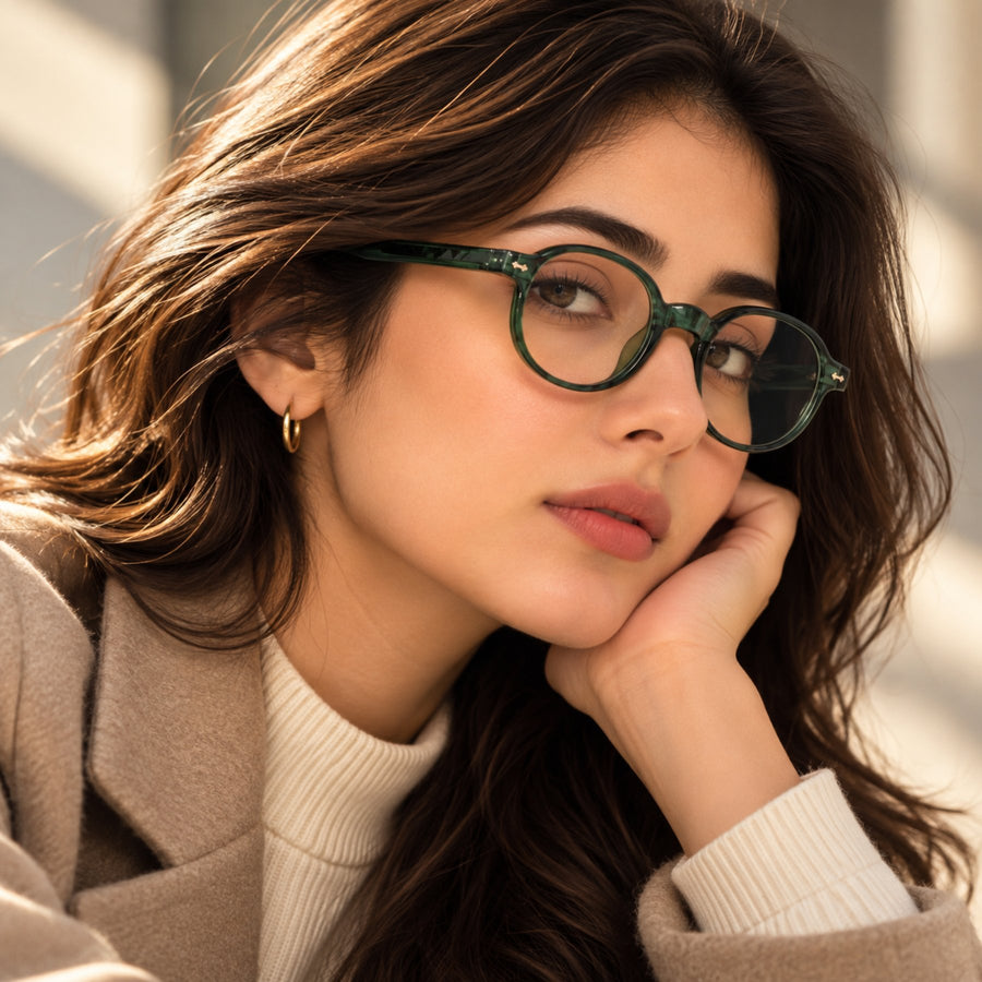 Model wearing LBD-010 VERLIN Octagon Optical Frame in Olive Green