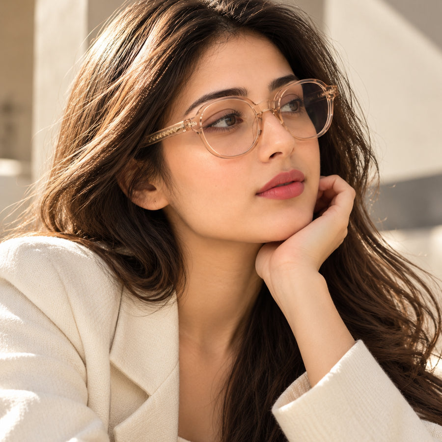 Model wearing LBD-010 VERLIN Octagon Optical Frame in Tan
