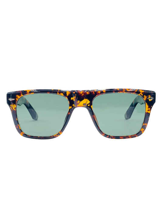 Verlin Sunglasses 8805 Leopard - Square Frame Sunglasses with Green Lens