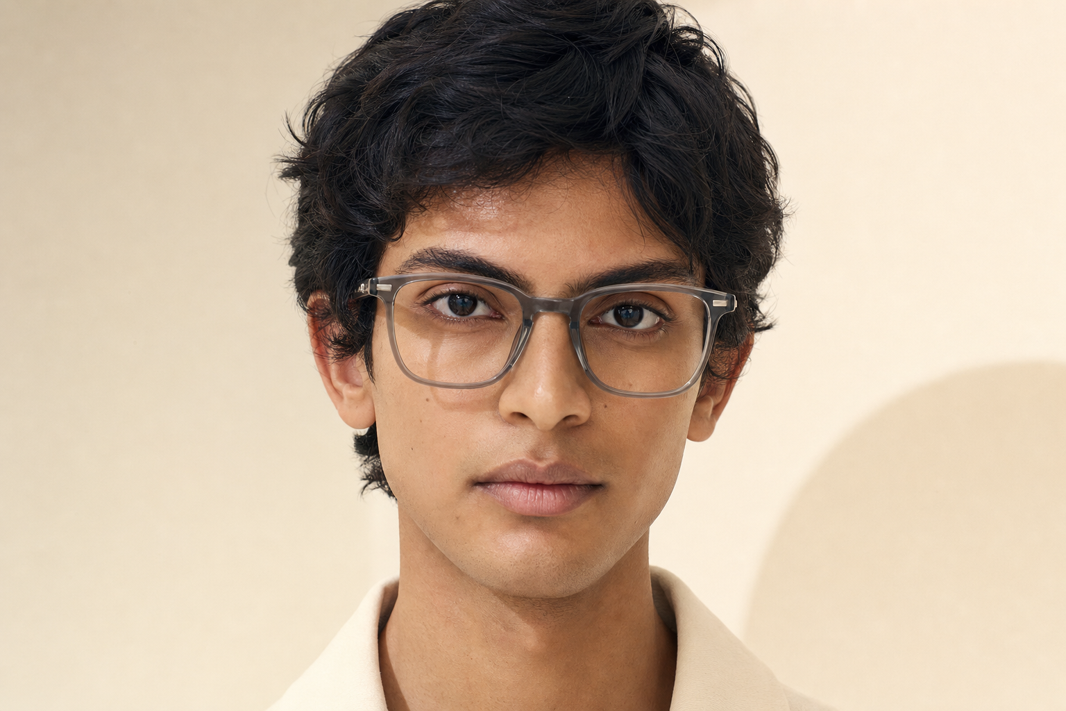 Indian model wearing clear smoke-grey optical eyeglasses