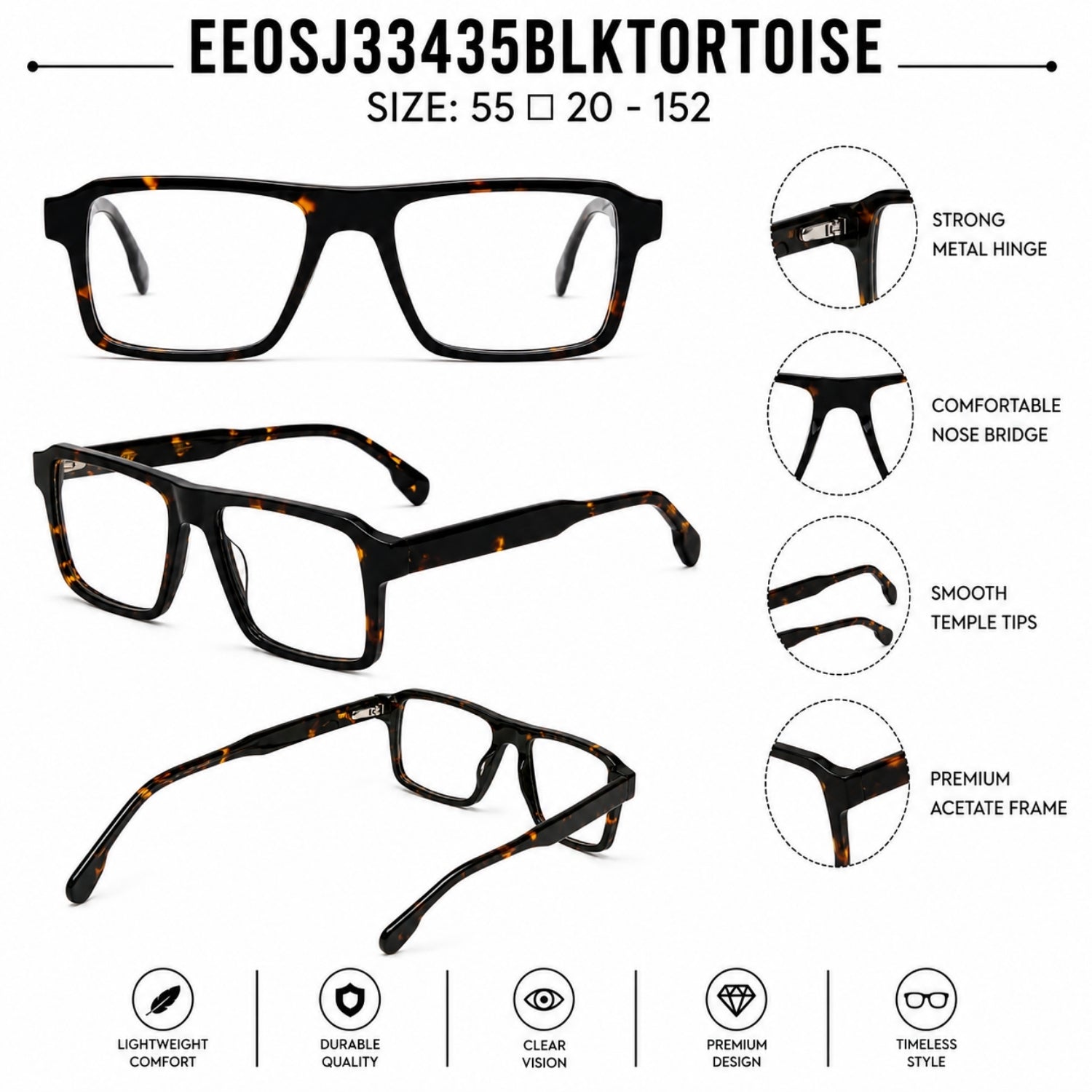 QIRALI 22118 Black Tortoise handmade acetate eyeglasses – view 5