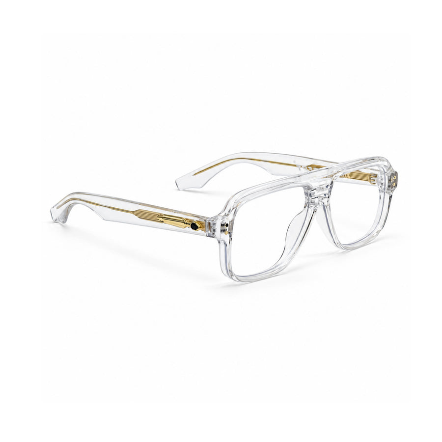 V002 VERLIN Navigator Optical Frame in Crystal Clear — three-quarter view (opposite side)