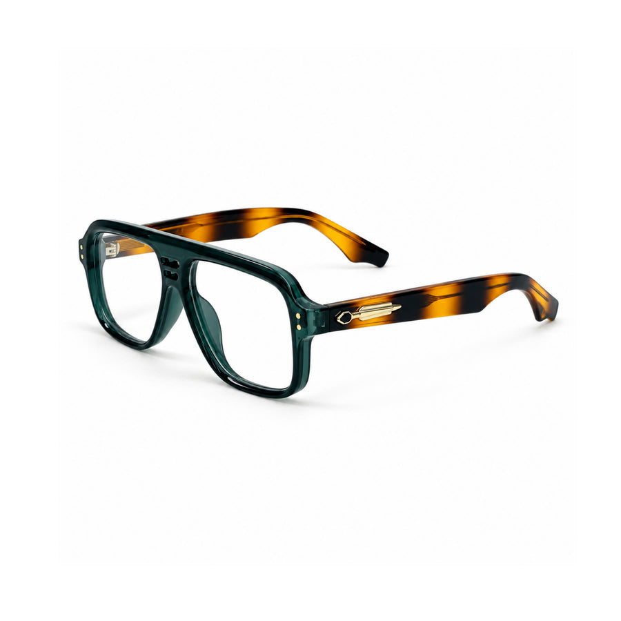 V002 VERLIN Navigator Optical Frame in Green Tortoise — three-quarter view