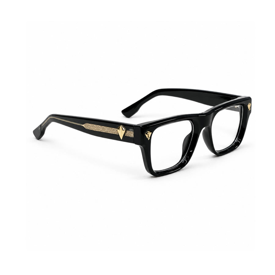 V003 VERLIN Rectangle Optical Frame in Black Gold — three-quarter view (opposite side)