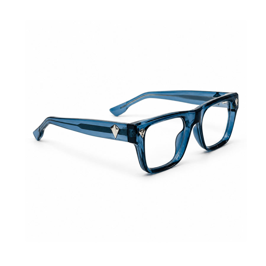 V003 VERLIN Rectangle Optical Frame in Blue — three-quarter view (opposite side)