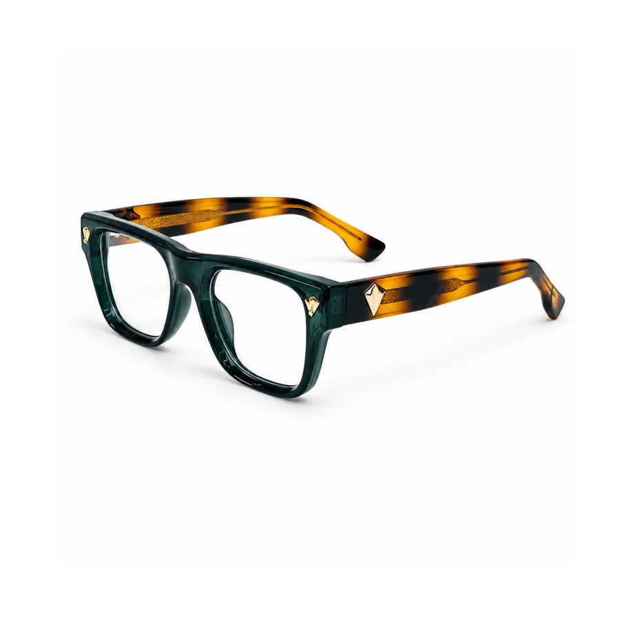 V003 VERLIN Rectangle Optical Frame in Green Tortoise — three-quarter view