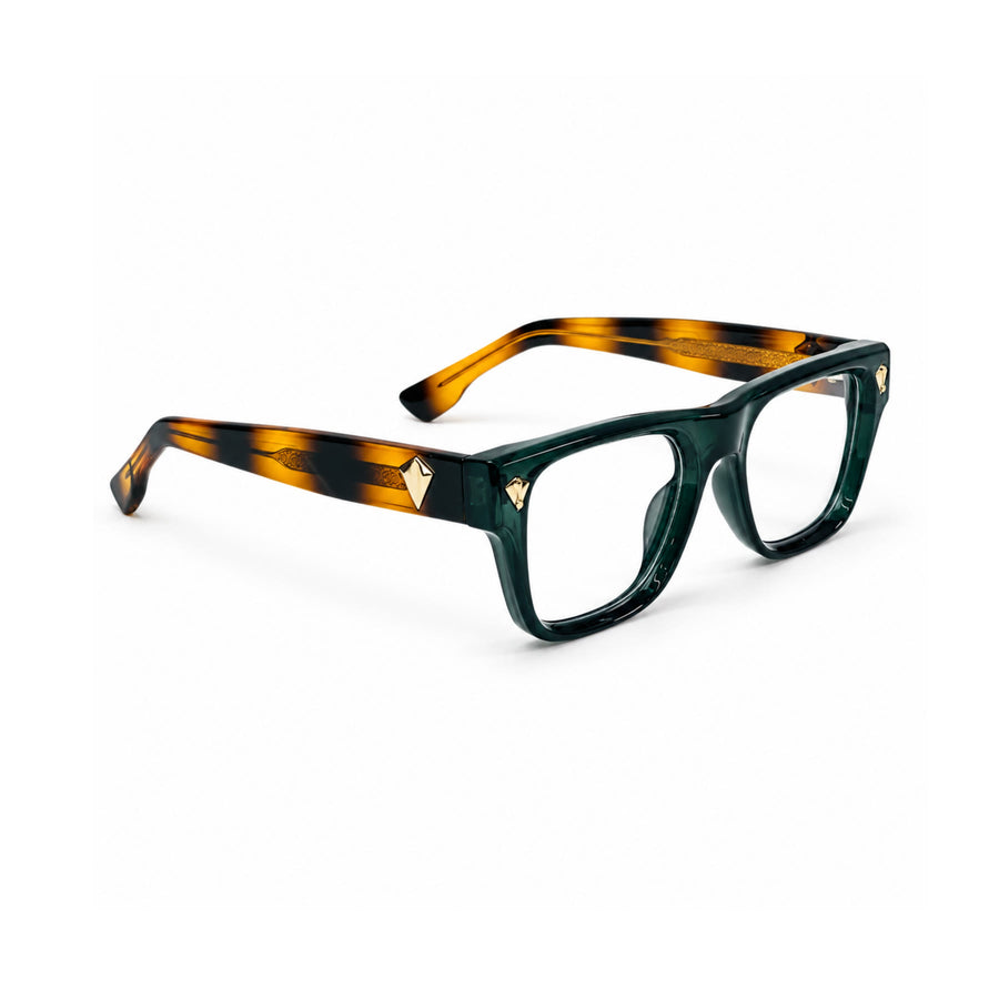 V003 VERLIN Rectangle Optical Frame in Green Tortoise — three-quarter view (opposite side)