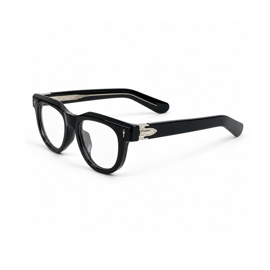 V004 VERLIN Round Optical Frame in Black Silver — three-quarter view