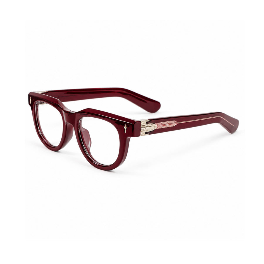 V004 VERLIN Round Optical Frame in Burgundy — three-quarter view